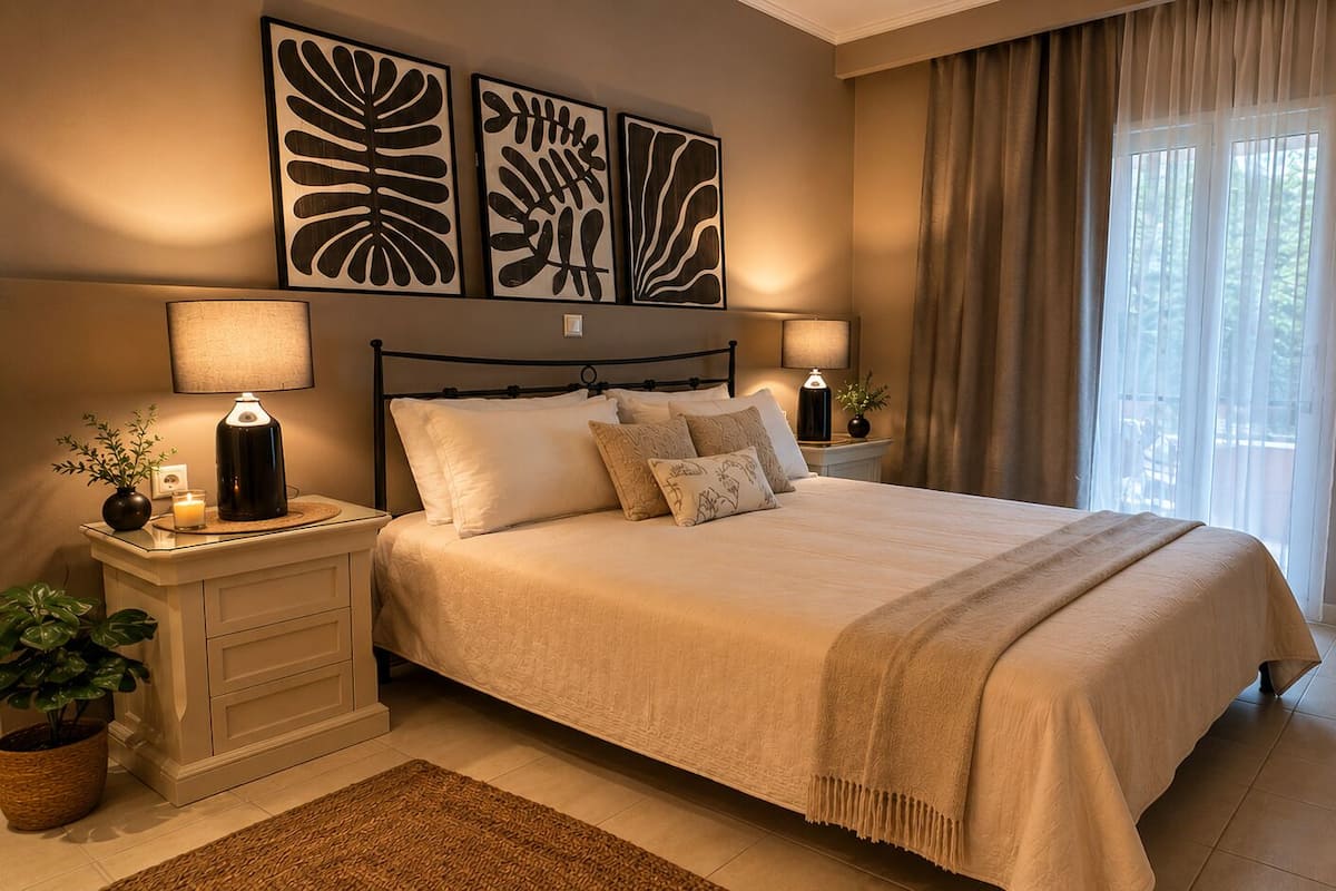 Un dormitorio con cama, mesitas de noche, lámparas, obras de arte y vistas por una ventana.