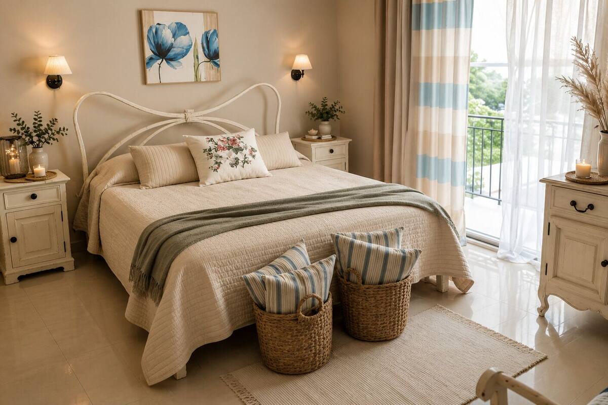 Un dormitorio con cama, mesitas de noche, una ventana con cortinas y vistas a zonas verdes.