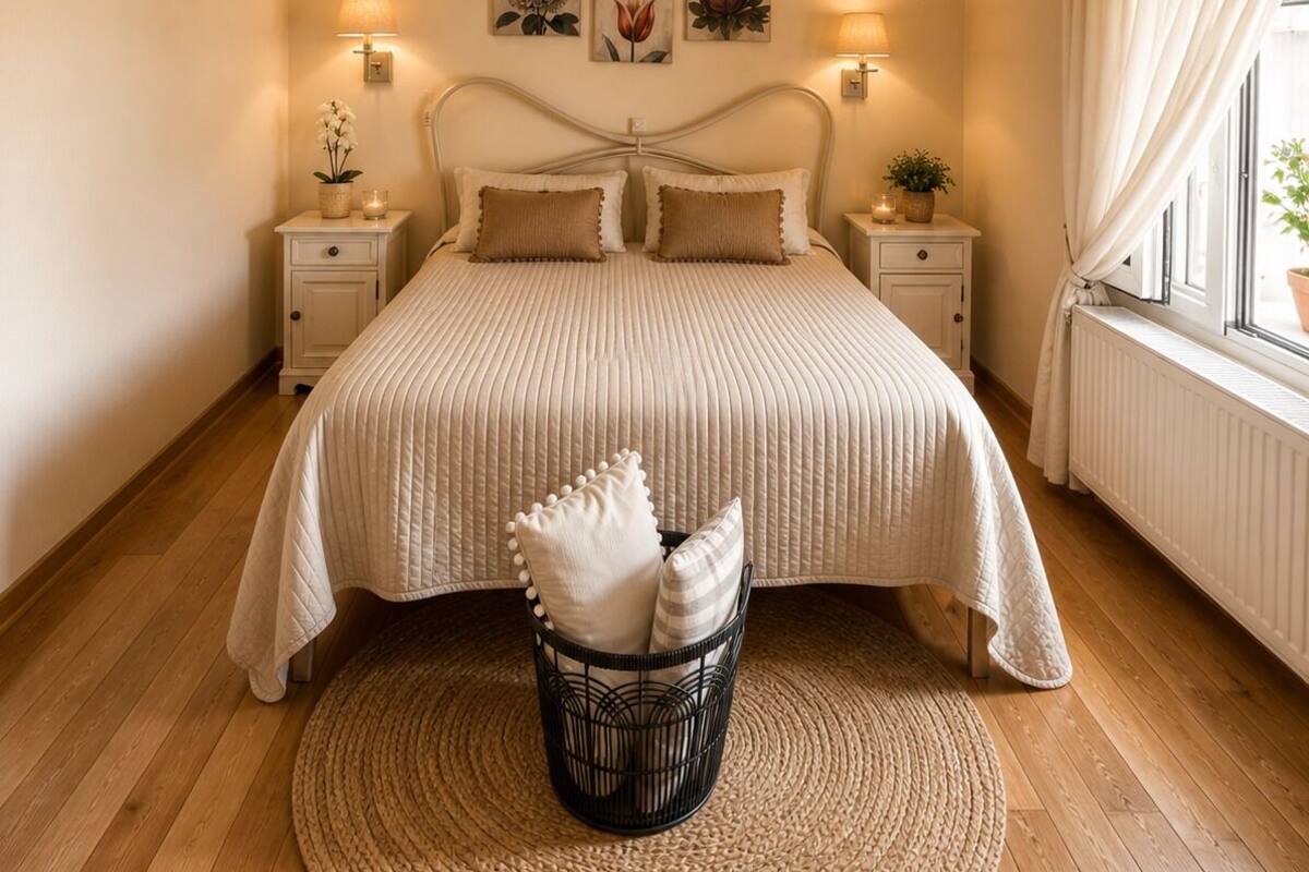 Un dormitorio con cama, mesitas de noche, cuadros en la pared, una ventana con cortinas y techo de madera.