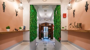 Un couloir se terminant par une porte en bois, bordé de verdure et agrémenté d’œuvres d’art décoratives sur les murs.