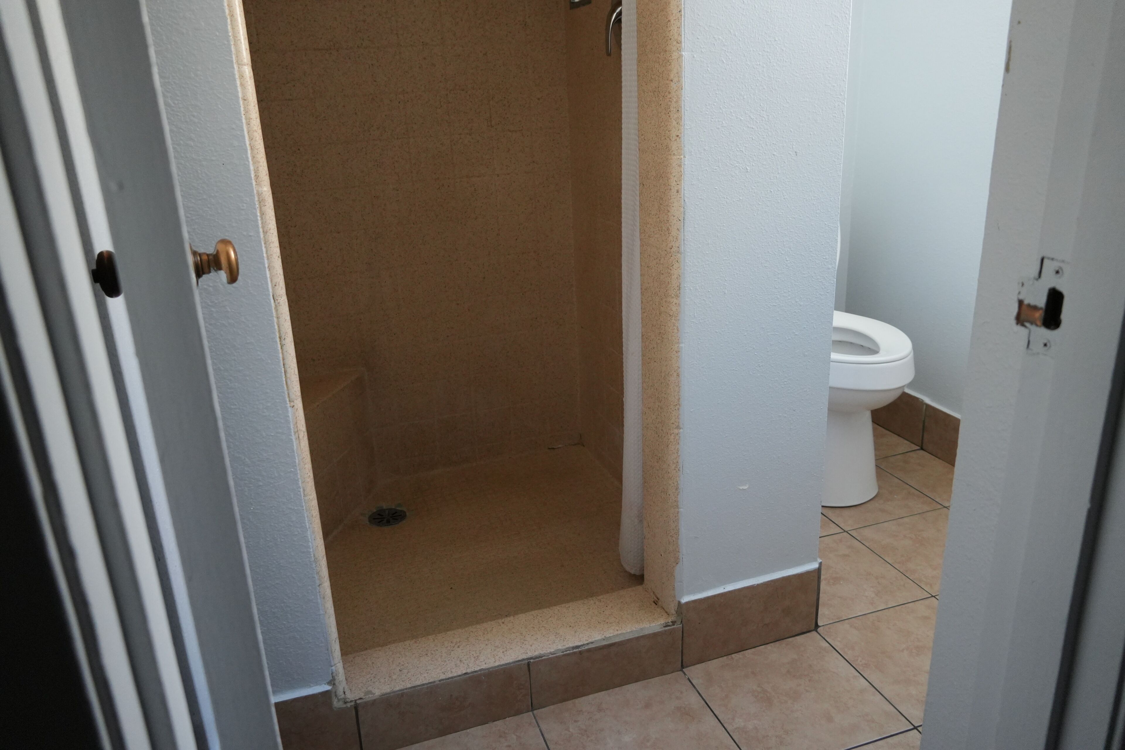 A bathroom with a shower, toilet, and a door leading to another room.
