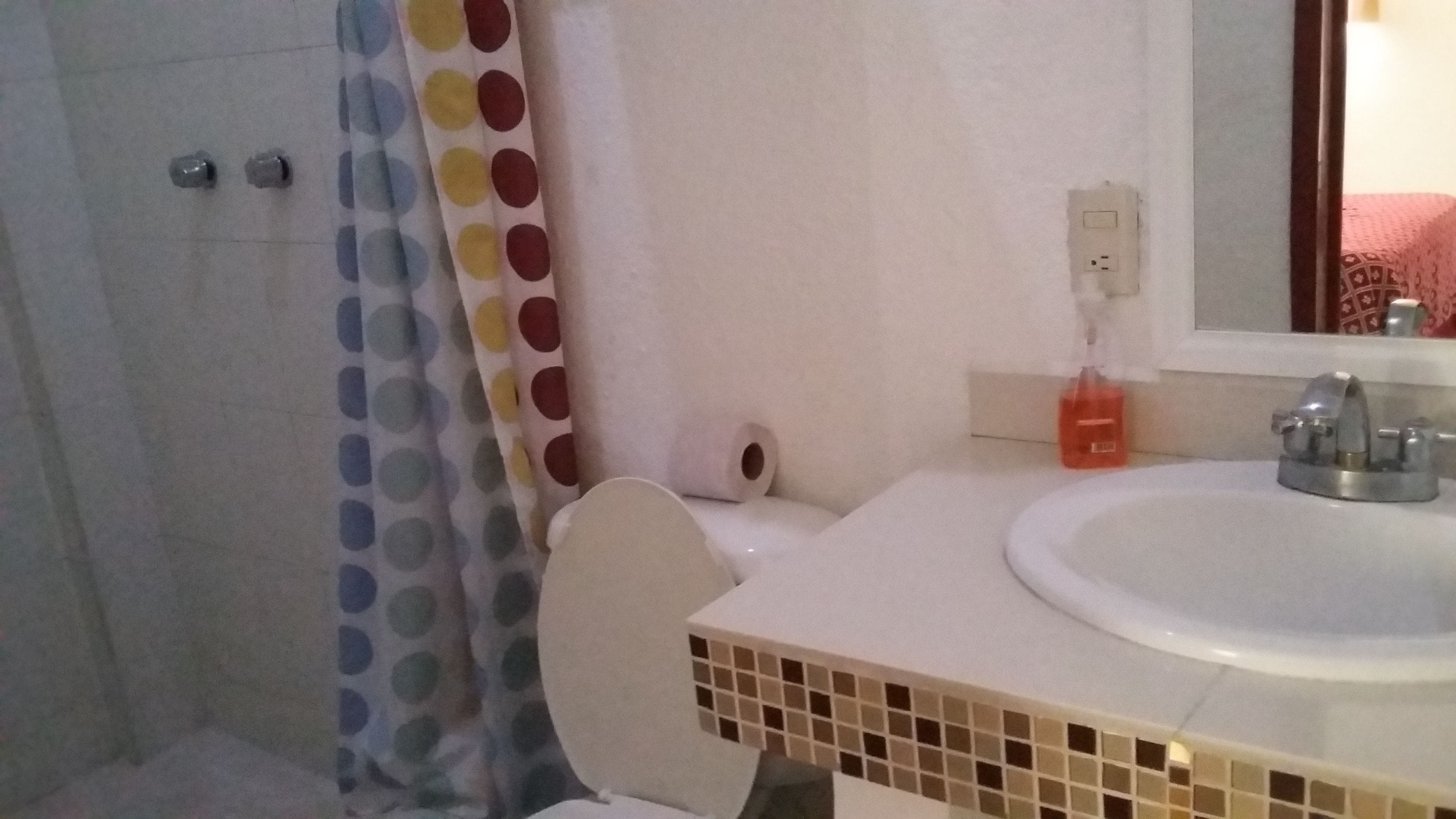 A bathroom with a white sink, a mirror, a shower curtain with a polka dot pattern, and a toilet.