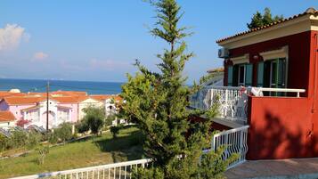 A coastal residential area with houses, a prominent pine tree, and a clear view of the sea.