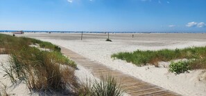A sandy beach with a wooden boardwalk and sparse vegetation. - Sea Scape Inn (Wildwood Crest)