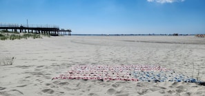 A beach with a pier and a large number of sun loungers arranged in rows.