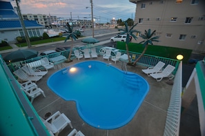 A swimming pool with lounge chairs and umbrellas, surrounded by a fence. - Sea Scape Inn (Wildwood Crest)