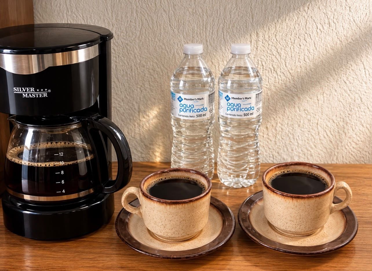 A coffee maker, two water bottles, and two cups of coffee on a wooden table.