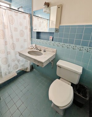 A bathroom with a toilet, sink, and shower curtain.