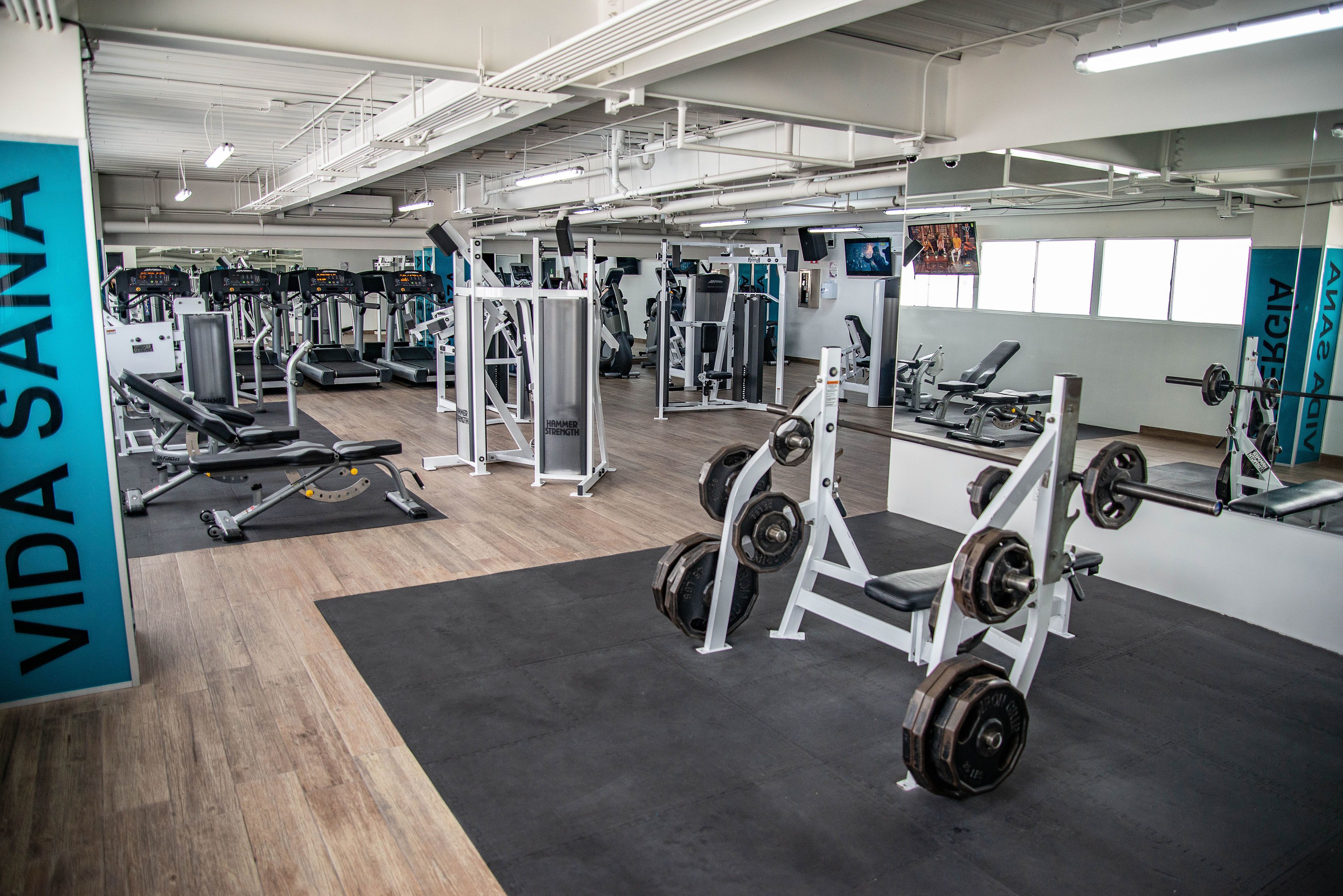 A gym with various exercise equipment, including treadmills, weight machines, and free weights.