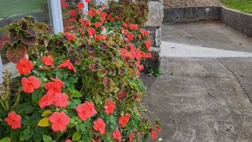 Un bâtiment en pierre avec un bac en béton rempli de fleurs rouges.