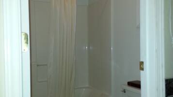 A bathroom with a shower, toilet, and a bathtub.