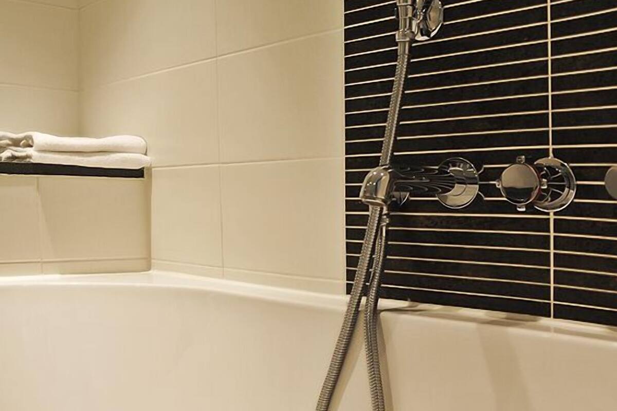 deluxe double room | bathroom | separate bathtub and shower, free toiletries, hair dryer, towels