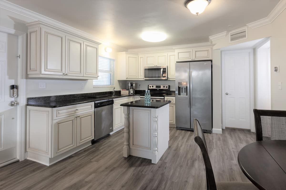 full-sized fridge, microwave, coffee/tea maker, toaster