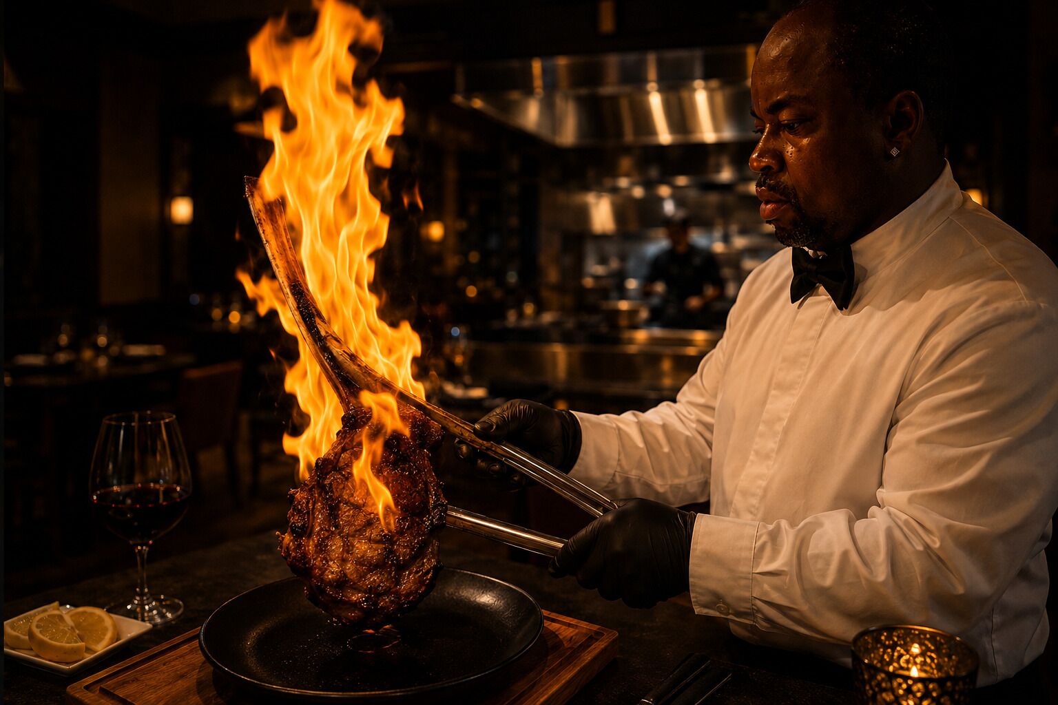 A chef grilling meat over an open flame in a kitchen setting.