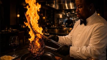 A chef grilling meat over an open flame in a kitchen setting.