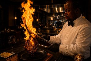 A chef grilling meat over an open flame in a kitchen setting. - Dolphin Cove - Adults Only (Freeport)