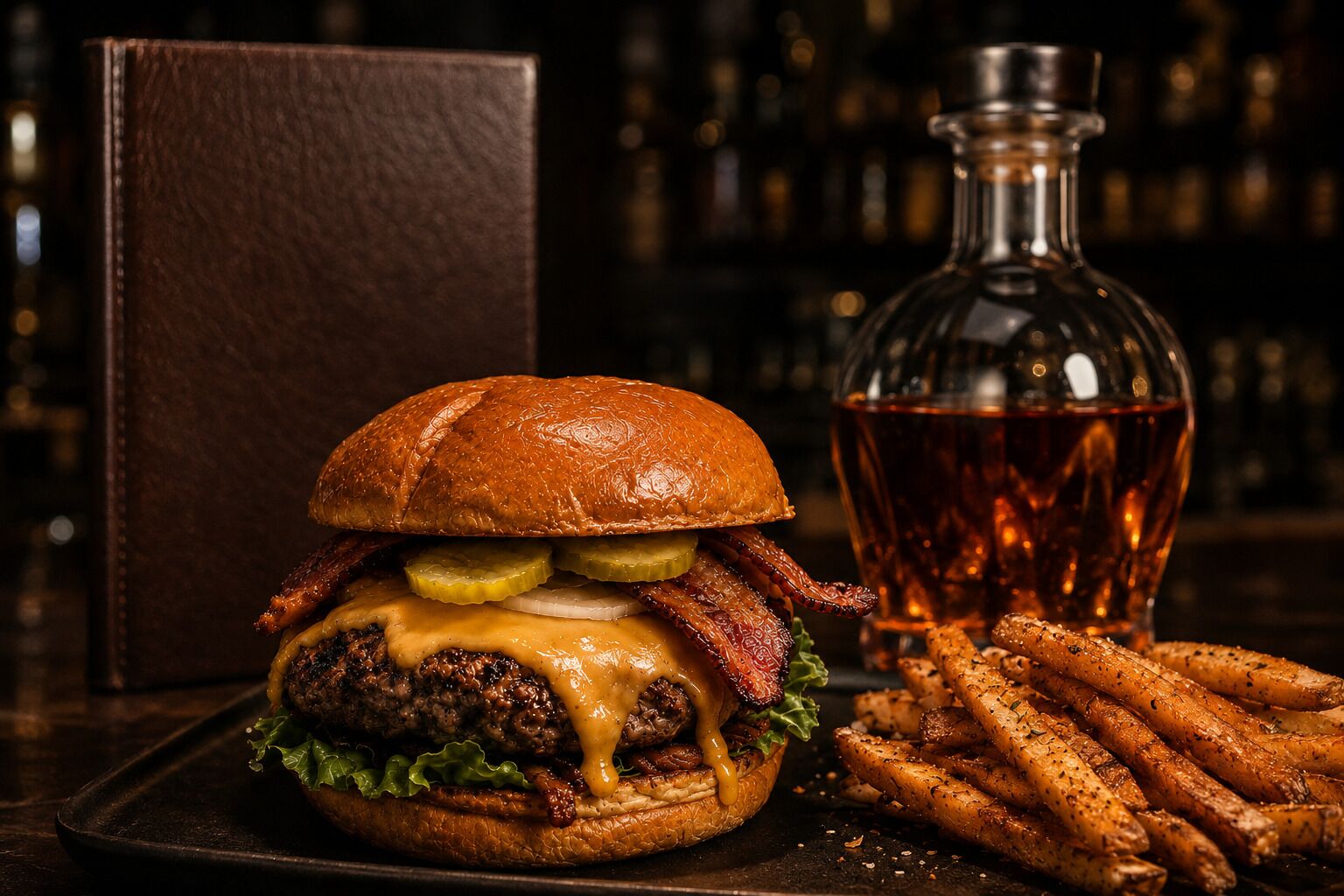 Un hamburger garni de cornichons, de bacon et de fromage, accompagné de frites et d’une bouteille de whisky.