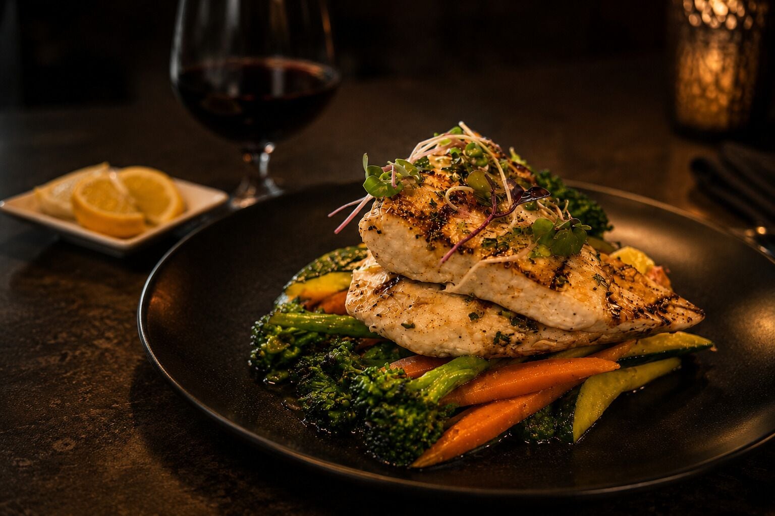 A plate of grilled chicken with vegetables on a dark plate, accompanied by a glass of red wine and a small dish of lemon slices.