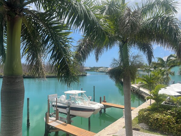 A marina with a boat docked, surrounded by palm trees and a clear view of a house in the background. - Dolphin Cove - Adults Only (Freeport)