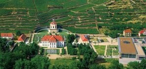 An aerial view of a large estate with terraced fields, a central building with a red roof, and several smaller structures.