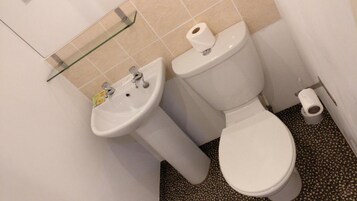 Een kleine badkamer met een witte wastafel, toilet en een glazen plank boven de wastafel.