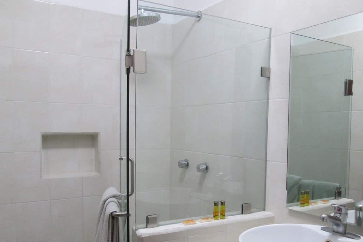 Regadera, toallas, jabón, papel de baño