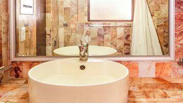 Standard Room, 2 Double Beds | Bathroom | Shower, towels, soap, toilet paper