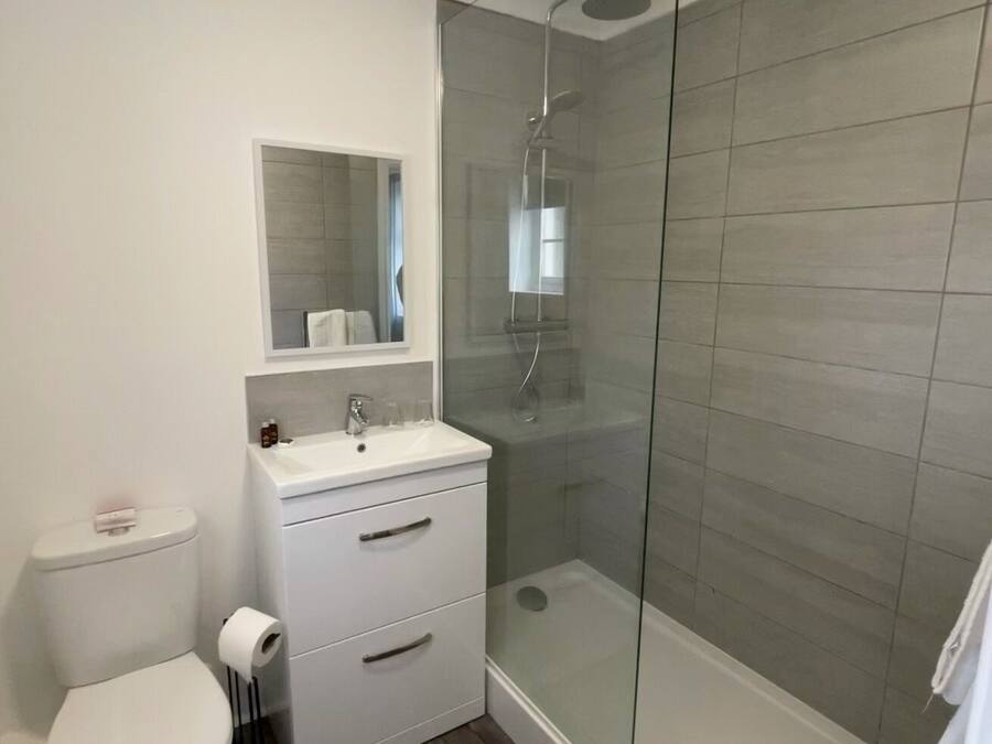 A modern bathroom with a glass-enclosed shower, a white sink, and a toilet.
