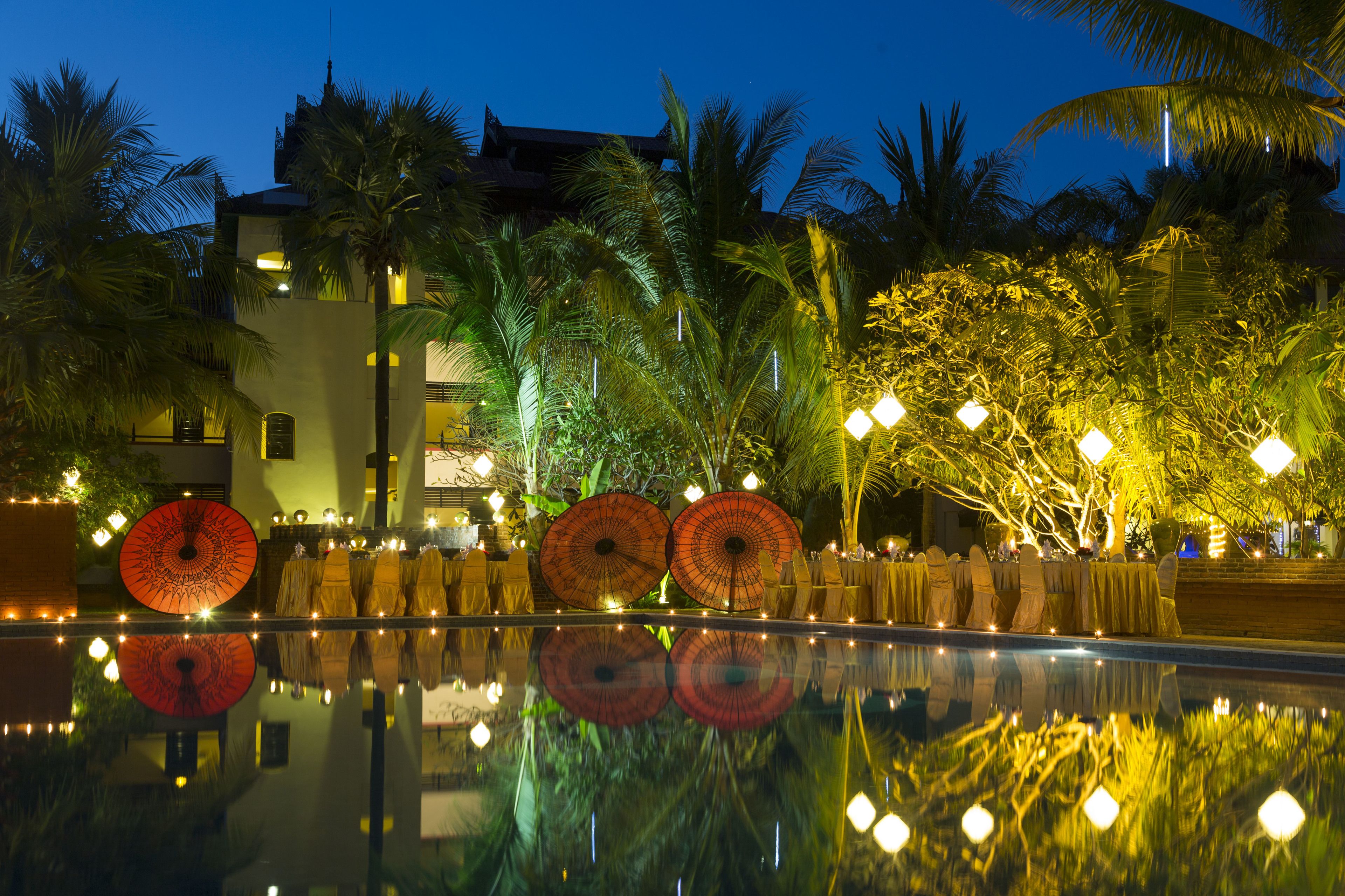 outdoor pool, pool umbrellas, pool loungers