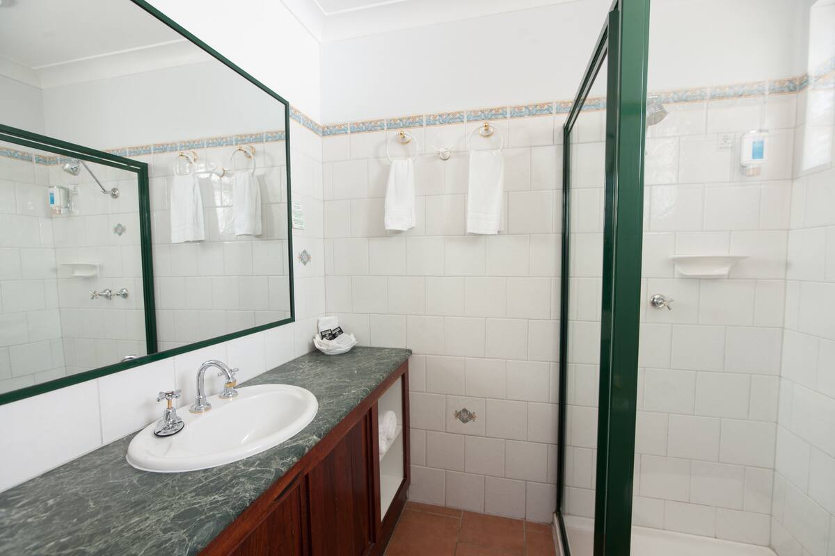 A bathroom with a sink, mirror, and shower.