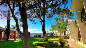 A courtyard with a lawn, trees, and a building with a modern design.