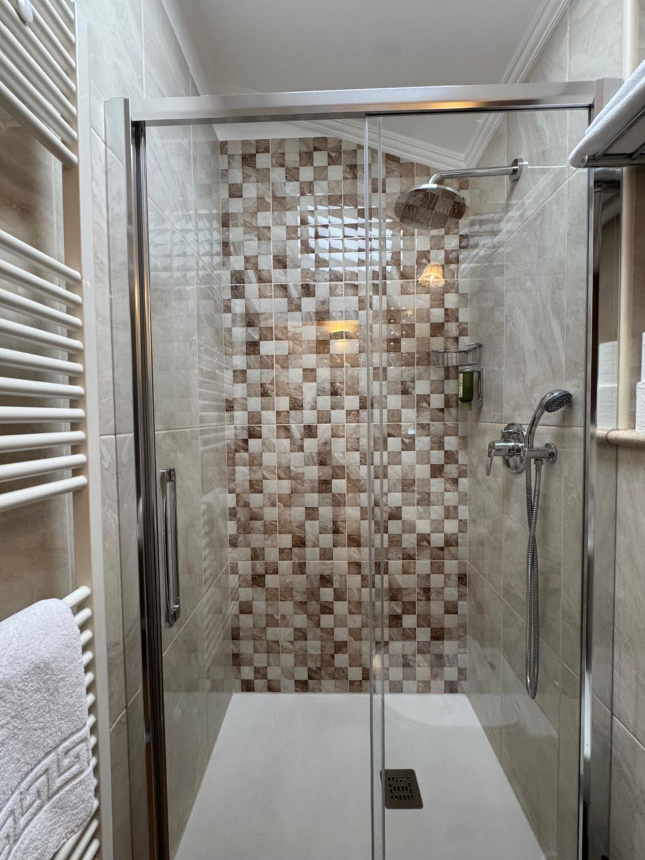 A walk-in shower with a glass door, checkered tile wall, and a handheld showerhead.