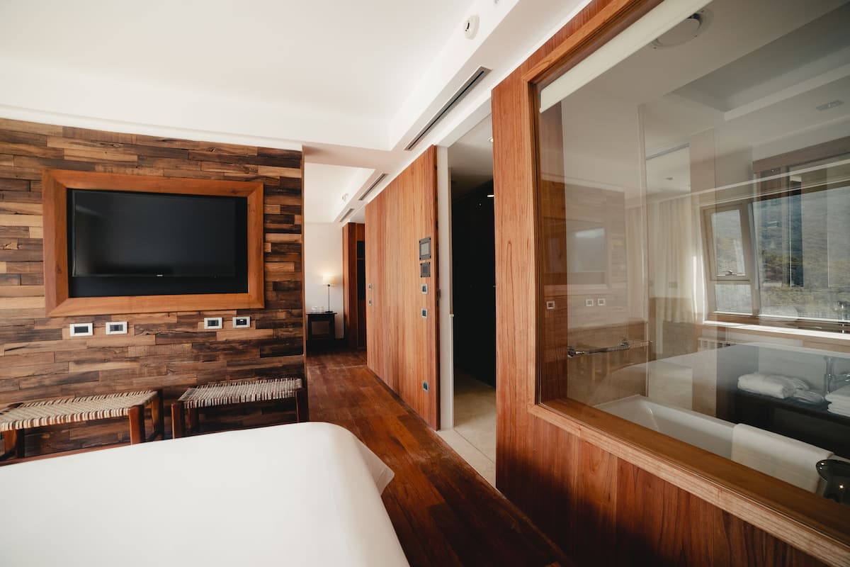 Una habitación de hotel moderna con una pared de madera, un televisor de pantalla plana grande, un baño con paredes de vidrio y una cama.