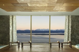 Indoor pool, outdoor pool, sun loungers