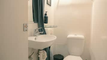 A bathroom with a white sink, a toilet, and a black trash bin.