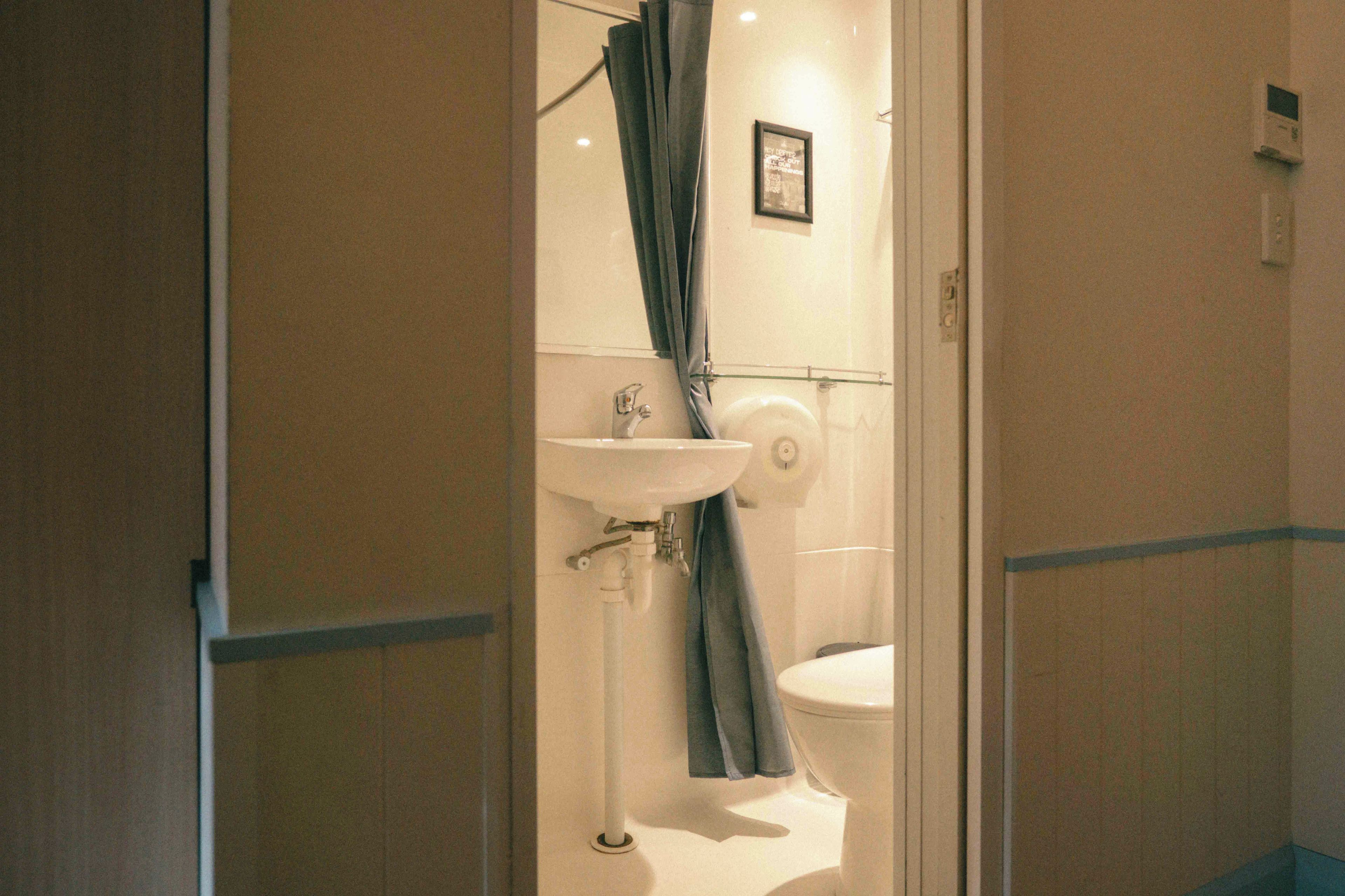 A bathroom with a sink, toilet, and shower curtain.