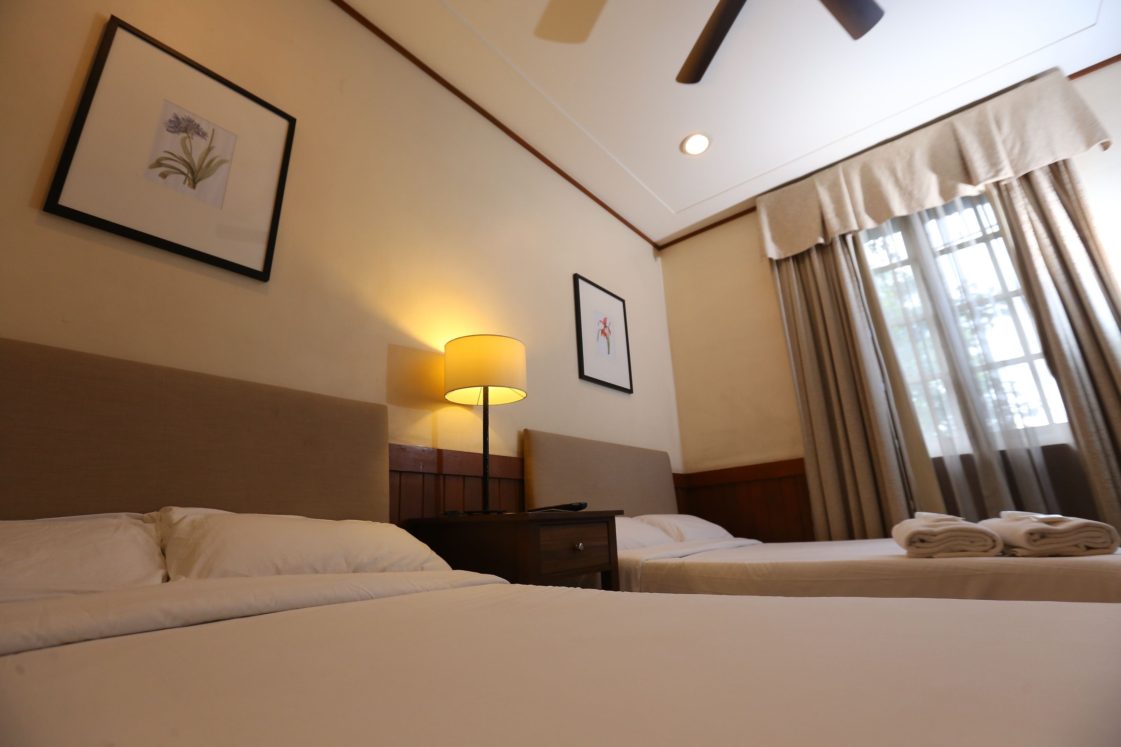 A hotel room with two beds, a nightstand with a lamp, and a window with curtains.