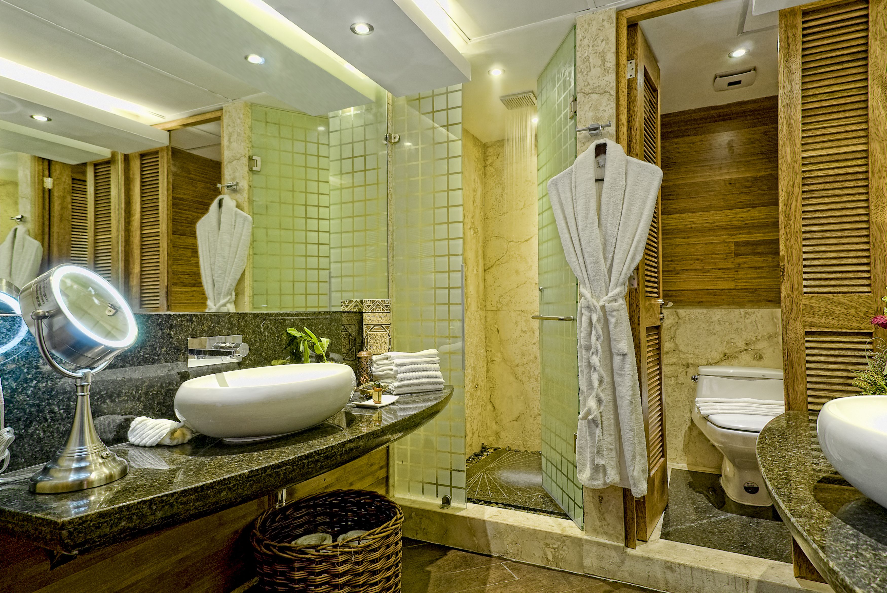 rainfall showerhead, designer toiletries, hair dryer, bathrobes