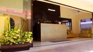 A modern reception area with a reception desk, seating area, and a large potted plant.