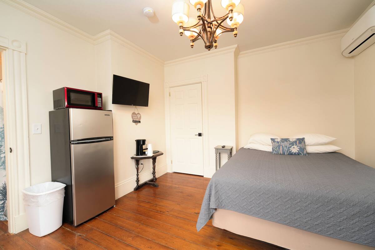 A bedroom with a bed, a refrigerator, a microwave, a television, a chandelier, and a door.
