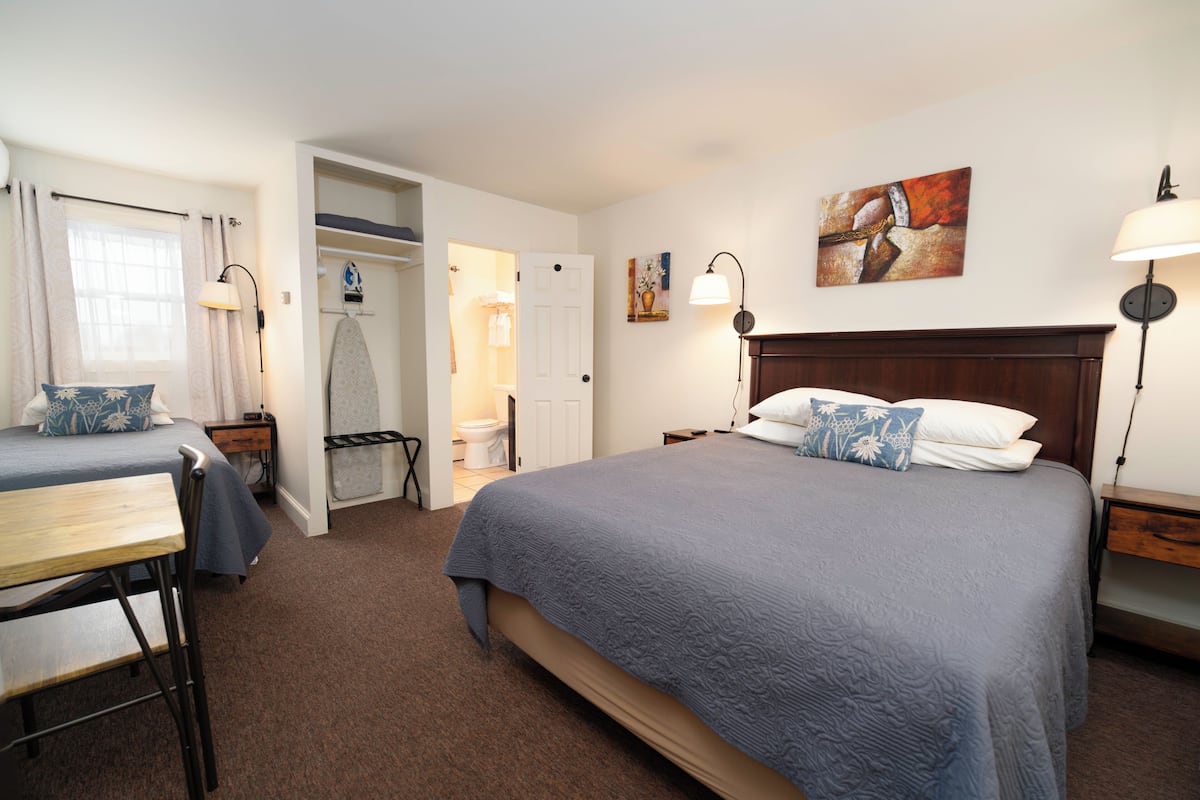 A hotel room with a bed, a desk, a chair, a wardrobe, and a bathroom.