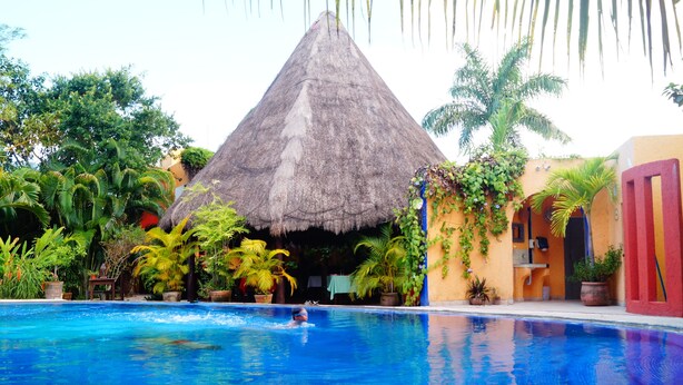 A swimming pool with a thatched-roof structure in the background, surrounded by lush tropical plants. - Casa Don Diego (Tulum)