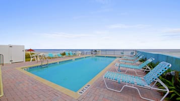 Outdoor pool, open 8:00 AM to 9:00 PM, sun loungers
