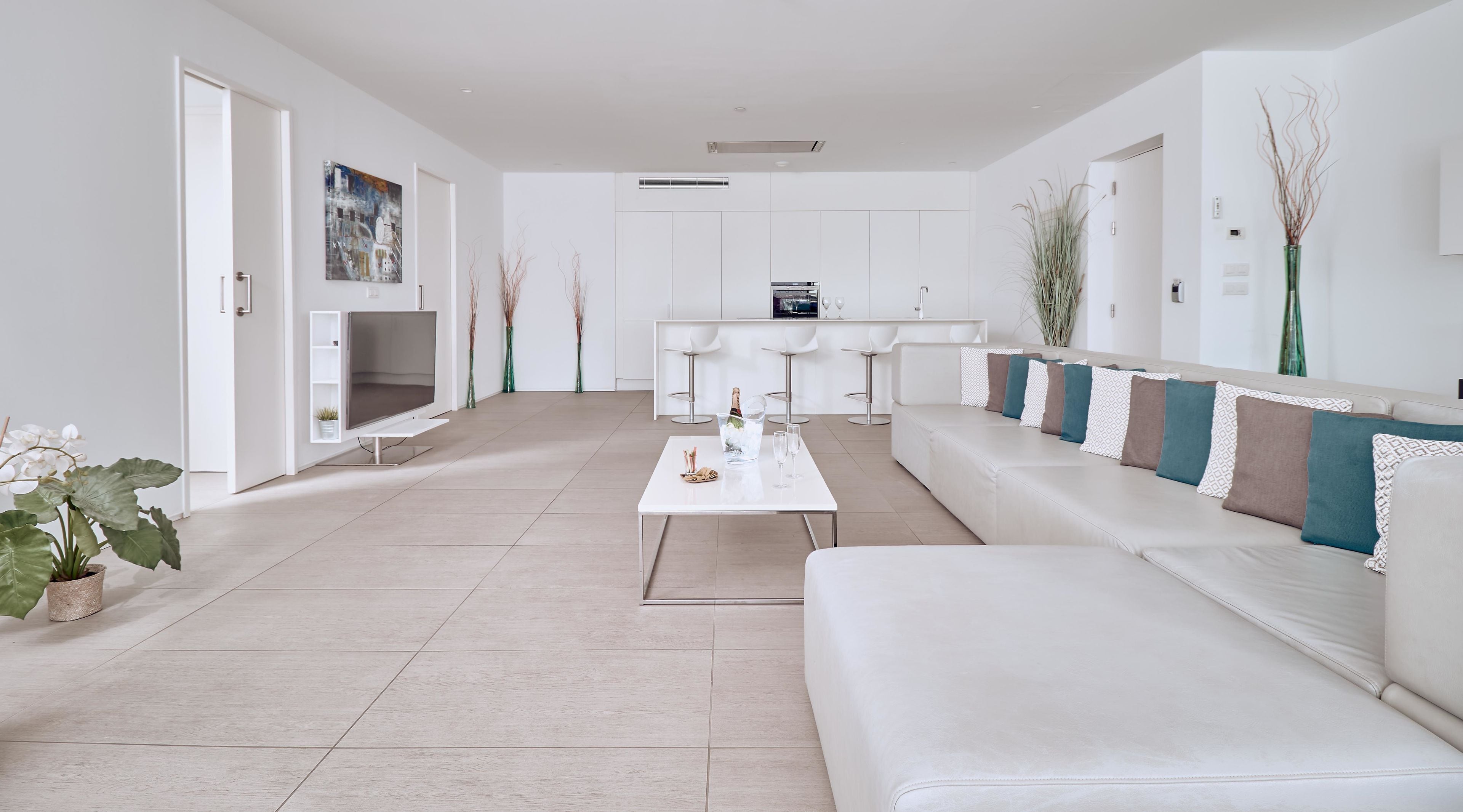 A modern living room with a white sofa, a coffee table, and a TV. There is a door leading to another room and a small plant on the left.