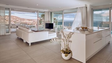 Suite, 2 Bedrooms, Private Pool, Sea View (Serenity Elegance Luxe) | Living area | Plasma TV, heated floors