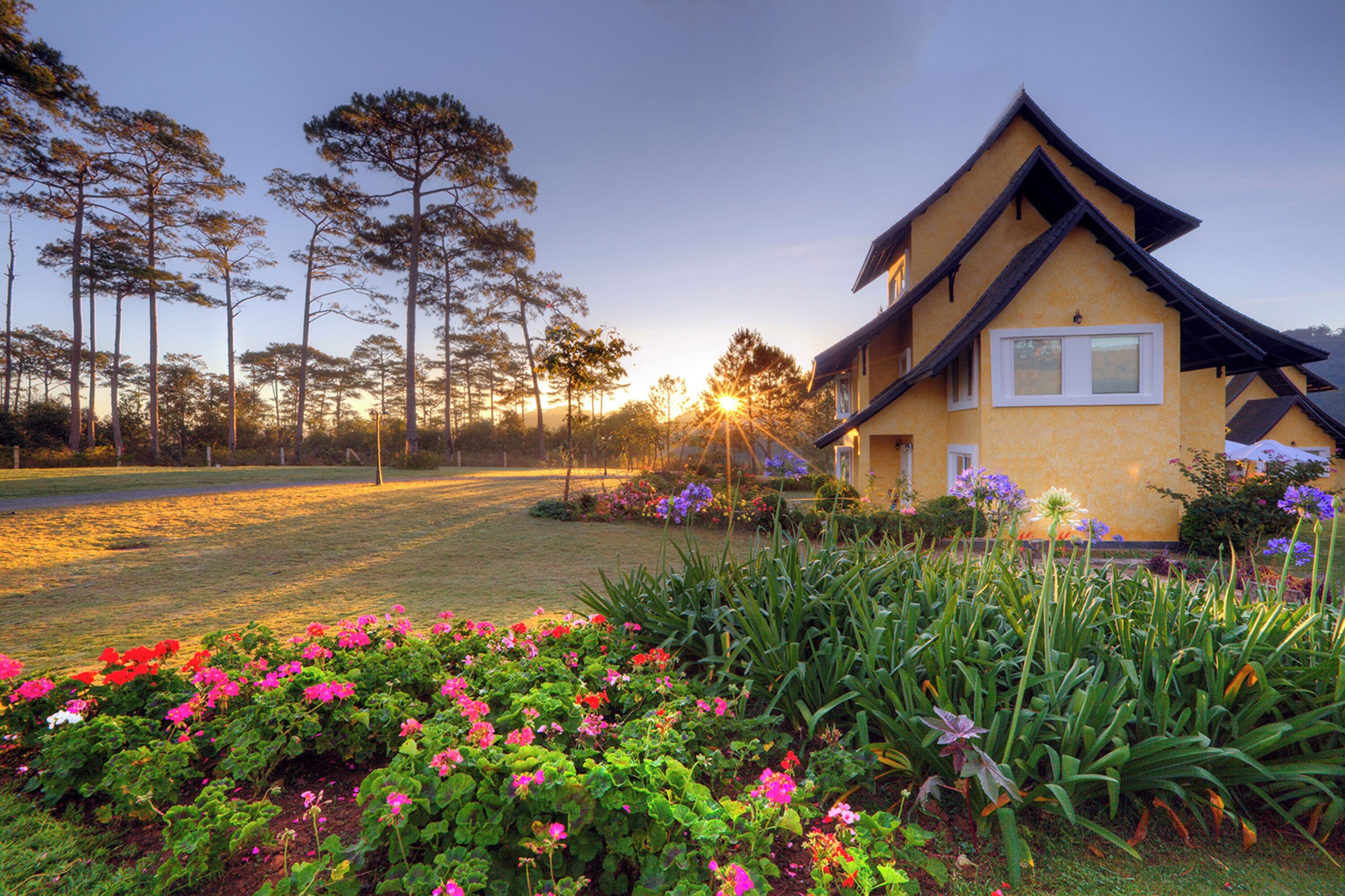 A house with a yellow exterior and dark roof, surrounded by a well-maintained garden with various flowers and plants.