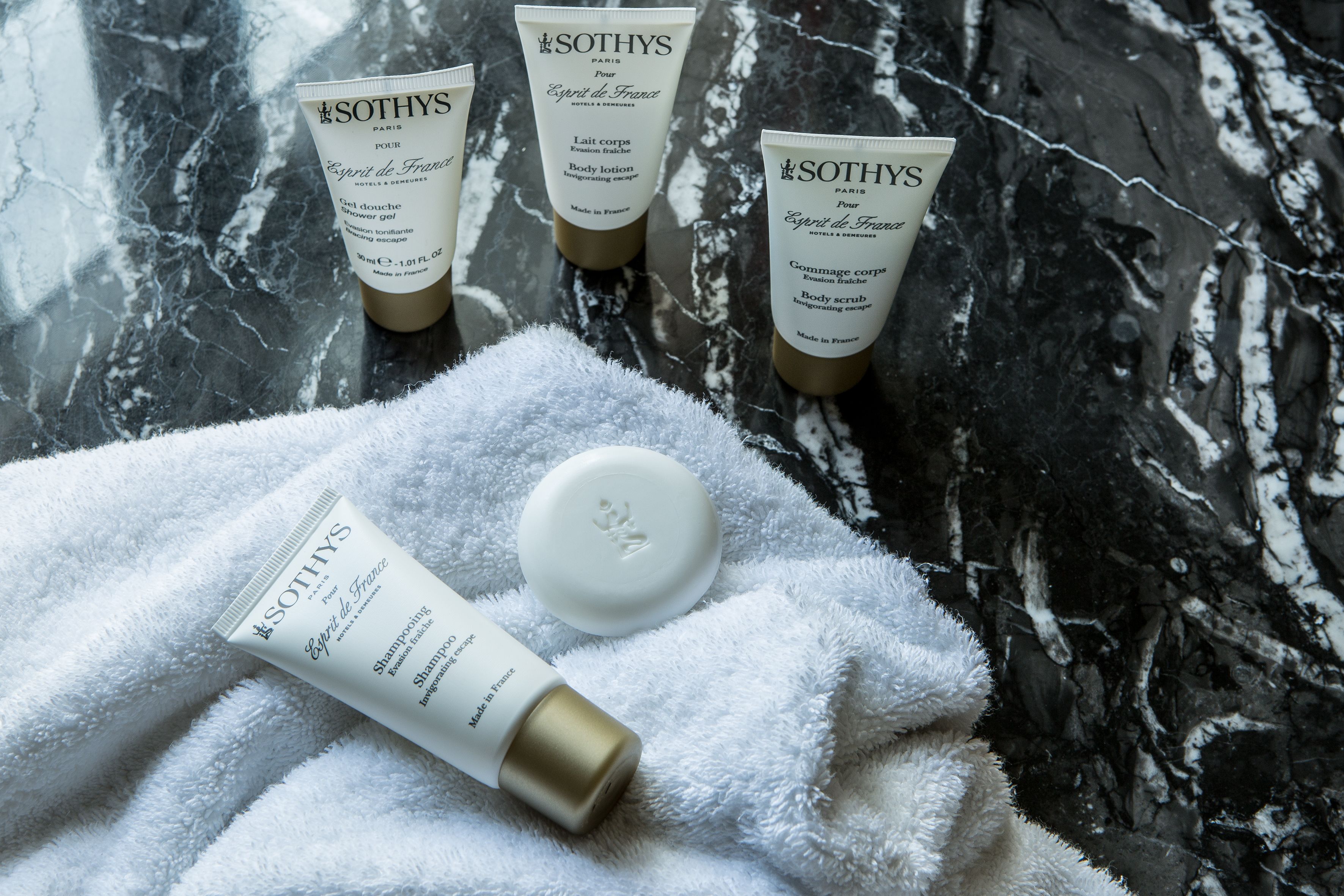 free toiletries, hair dryer, towels