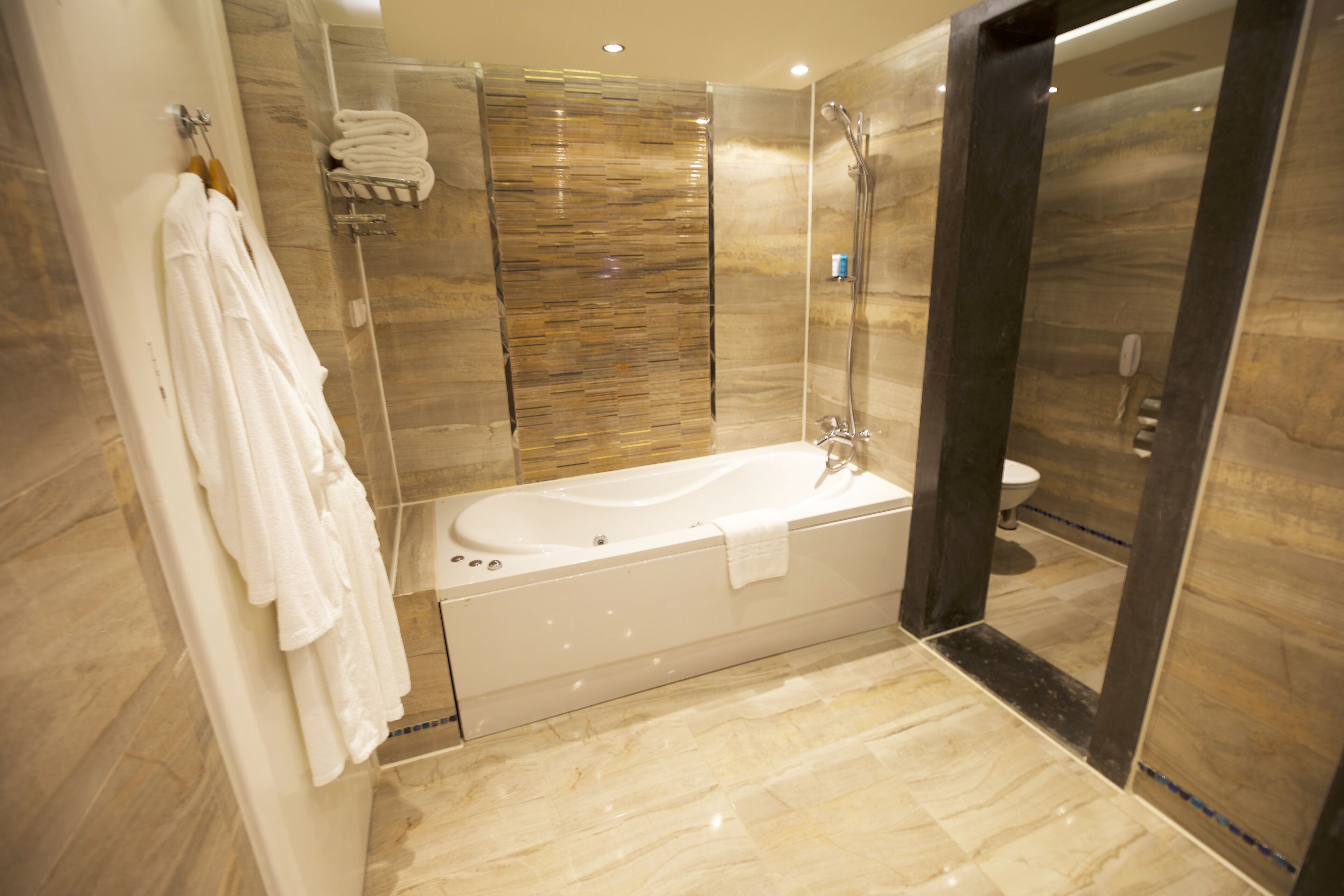 deluxe suite (posh club) | bathroom | free toiletries, hair dryer, bathrobes, slippers