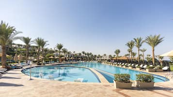 6 outdoor pools, open 8:00 AM to 5:30 PM, pool umbrellas, sun loungers