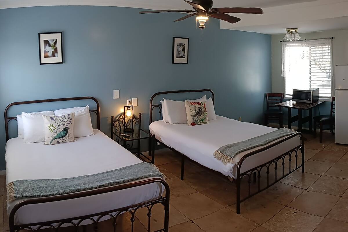 A bedroom with two beds, a desk, a chair, and a ceiling fan.